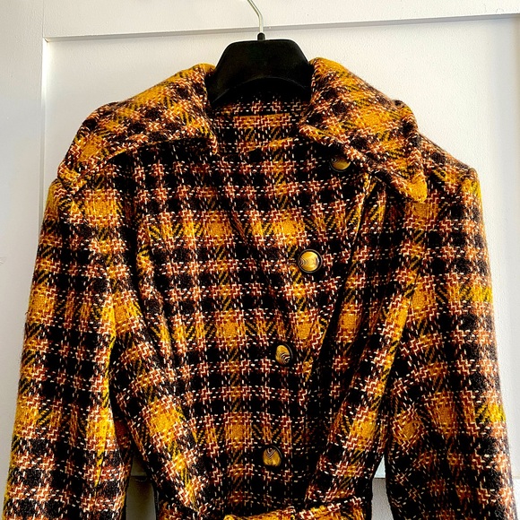 Price firm 70s VINTAGE Wool plaid tweed wide lapel belted trench pea tailored - Picture 7 of 14